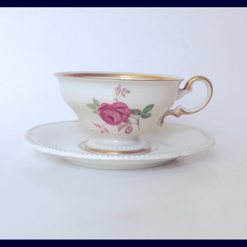 Pink Rose and Gold Trim Footed Teacup & Saucer